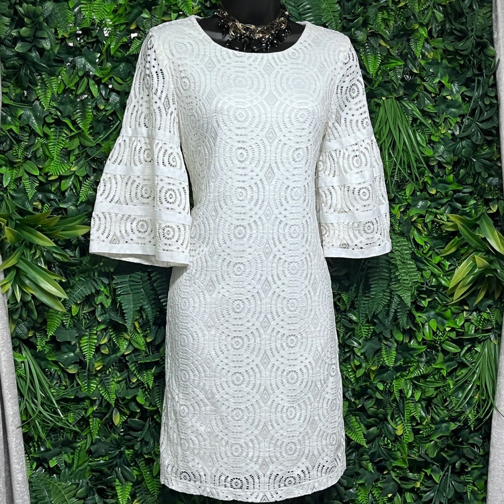 Tacera Dress Small Cream Lace Bell‎ Sleeve Sheath Cocktail 3624